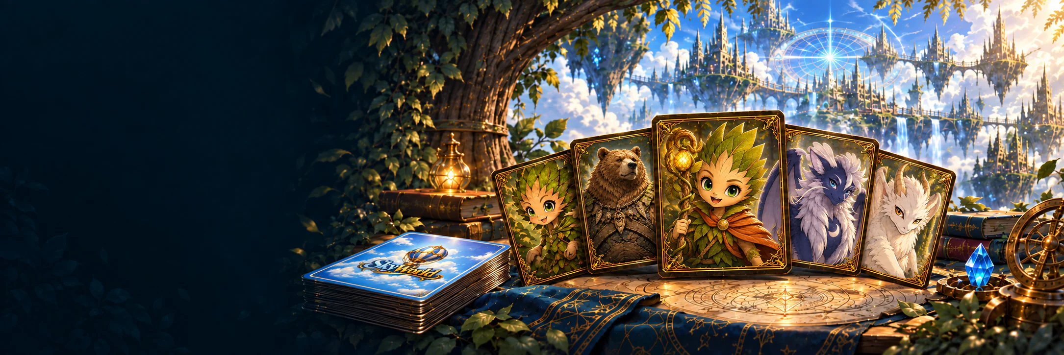 Cartas de personagens de Sky World sobre uma mesa de construção de decks, diante de uma cidade entre as nuvens.